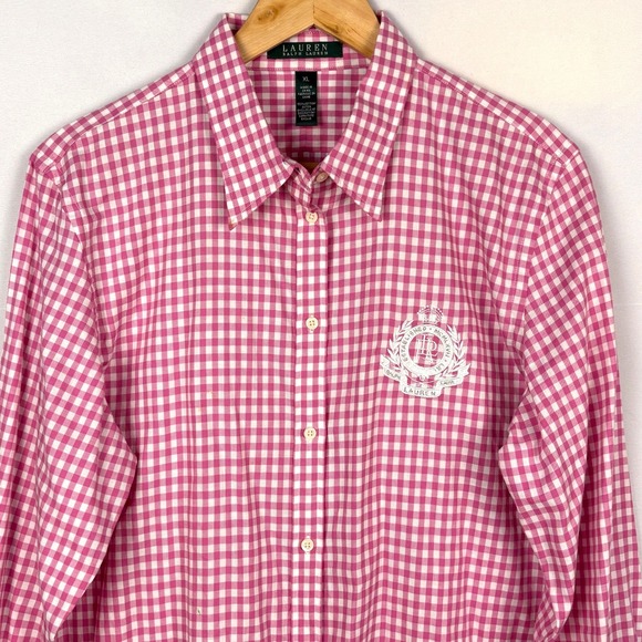 Lauren Ralph Lauren Women LongSleeve Button Shirt XL Pink Crown Gingham Cowgirl - Picture 2 of 10